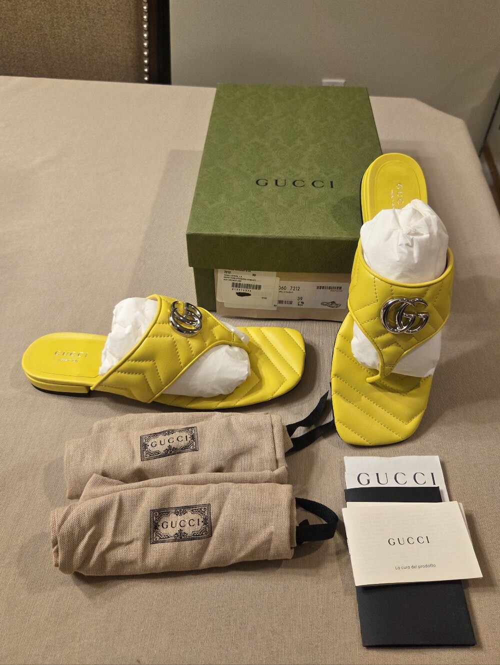 NEW Gucci Nappa Charlotte Double G Marmont Thong Sandals Acid Lime & Silver sz39 - Picture 1 of 4